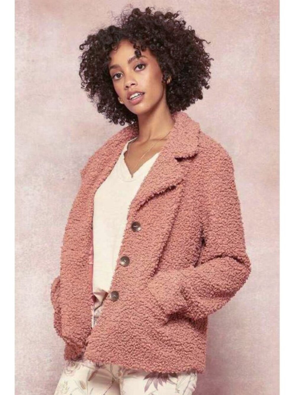 Etophe Studios Button Front Teddy Jacket Soft Wool Blend Salmon Pink